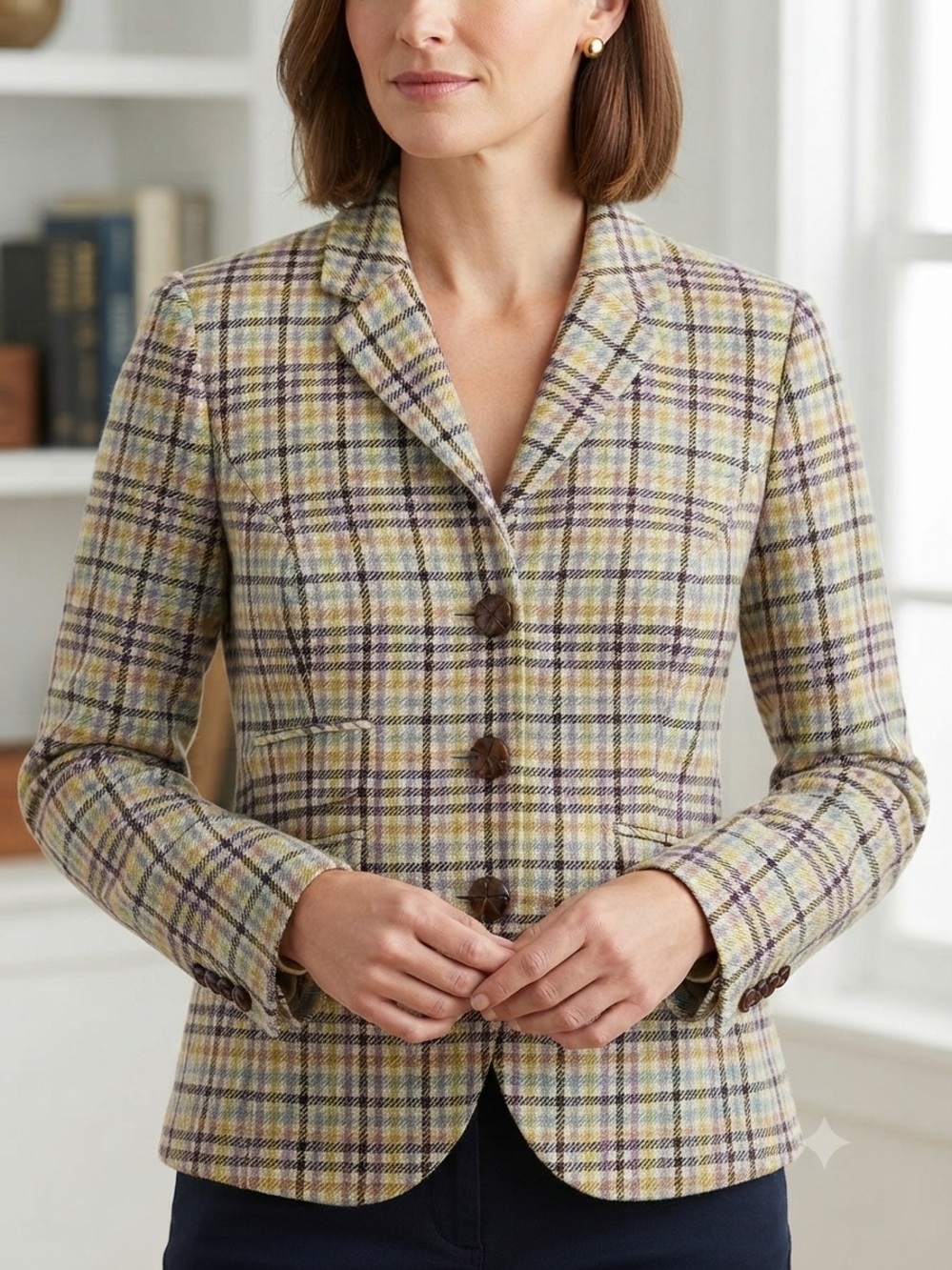 L.L. Bean Yellow & Purple Plaid Wool-Blend Tailored Blazer w/ Wood-like Buttons